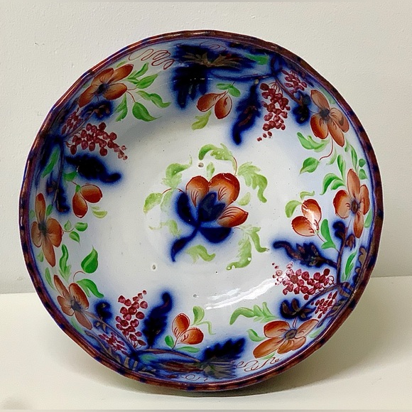 19th Century Vtg Gaudy Welsh Grape Pattern Flow Blue Lusterware Pedestal Bowl - Picture 10 of 16